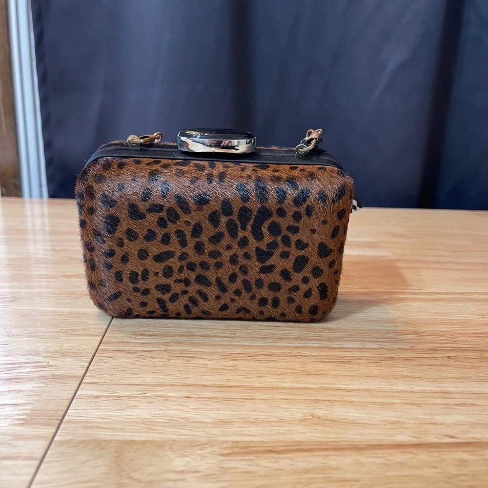 NEW Leopard Print‎ Calf Hair Box Clutch Chain Strap Brown Black Evening Bag